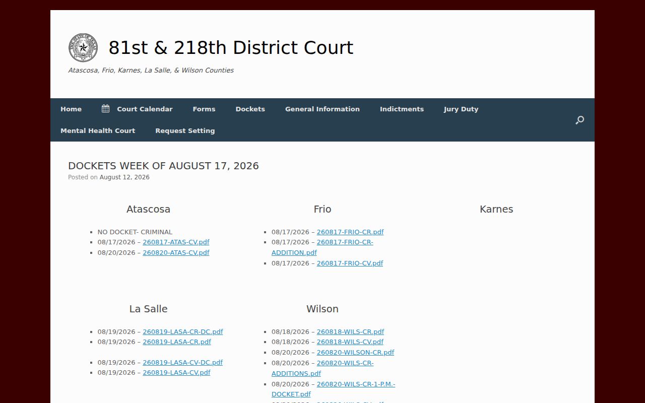 Frio County criminal docket weekly publication