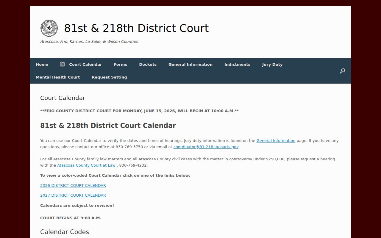 Frio County court dates calendar page