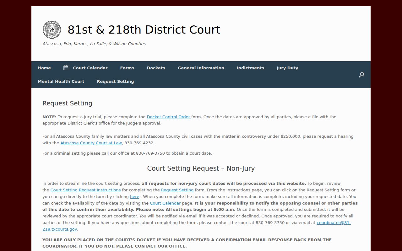 Frio County court dates non-jury setting instructions