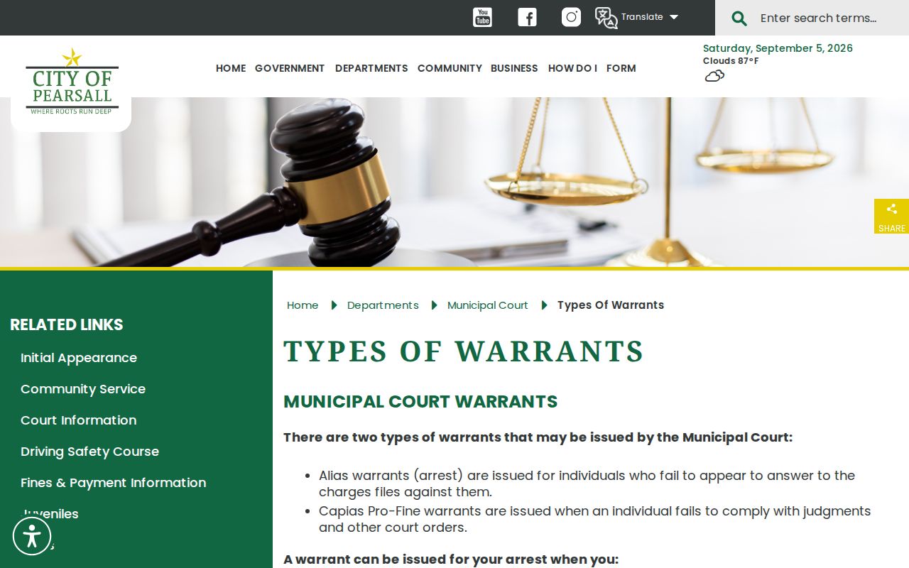 Pearsall alias and capias pro fine warrant information