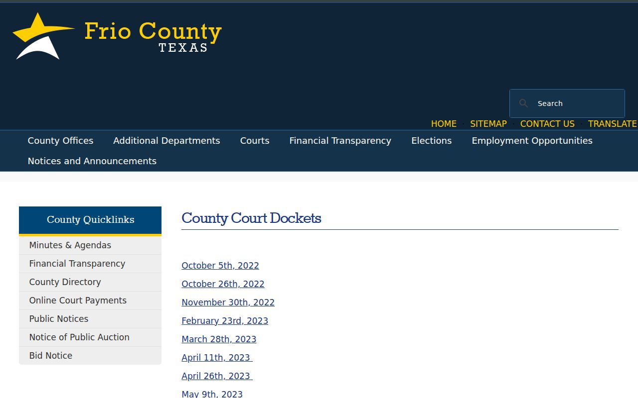 Frio County court docket date index